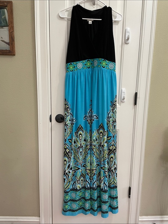 Cato Dresses & Skirts - CATO Black and Turquoise Floral Print Empire Waist Maxi Dress Size L